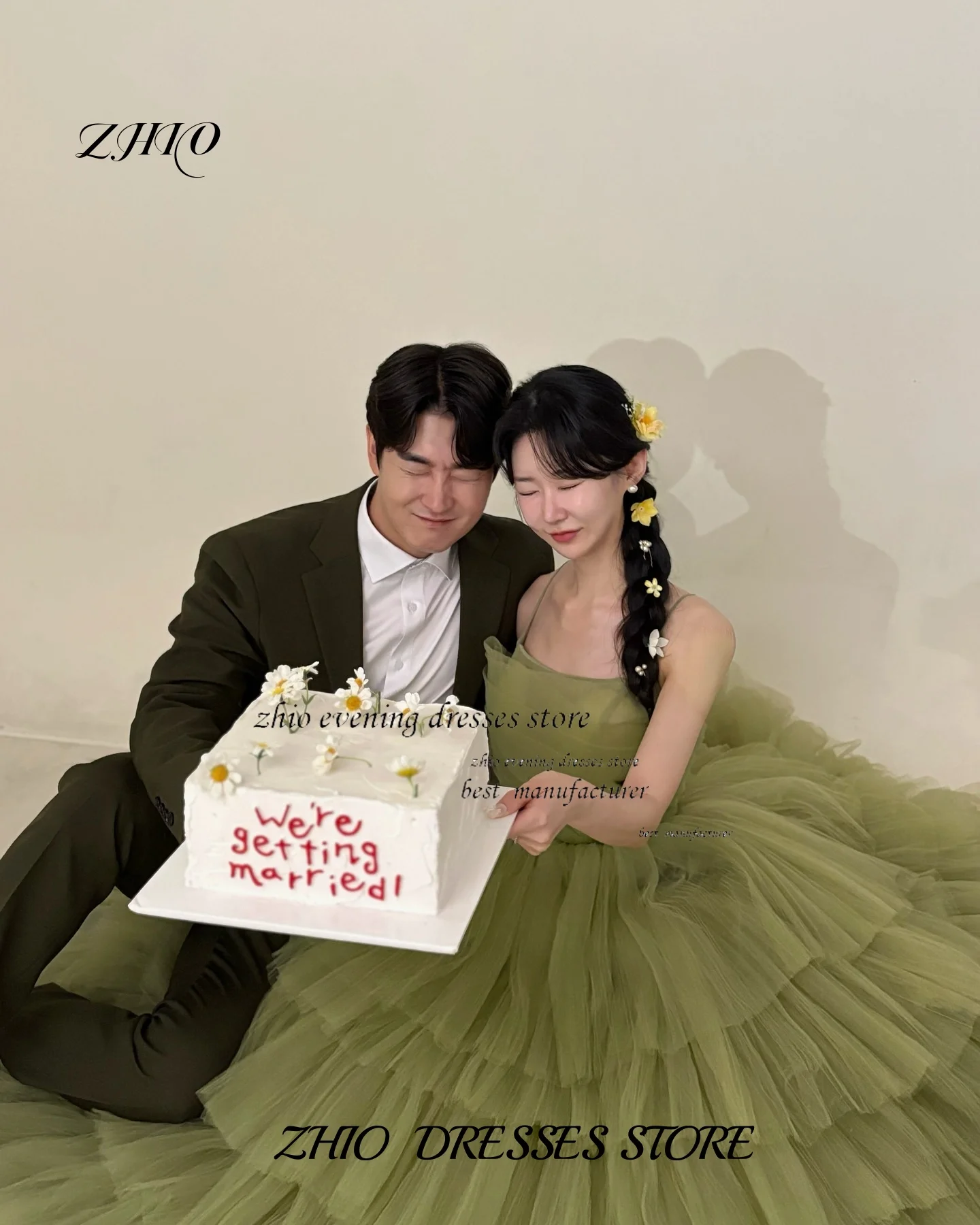 ZHIO Elegante Tule Groene Avond Koreaanse Fotografie A-lijn Band Trouwjurken Vloerlengte Jurken Korset Aangepast  soi soi