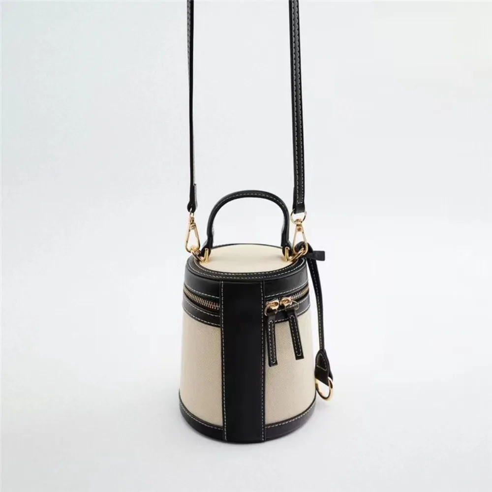 2024 Fashion Trend Women's Bag Spring and Summer Contrasting Color Box-shaped Single Shoulder Slump Bag Canvas Bag Bucket Bag