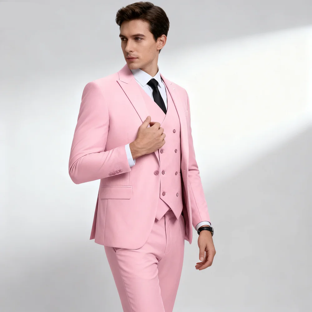 

Men's Elegant Pink Wedding Suit 3-Piece Casual Blazer Set with Notch Lapel Slim Fit Jacket Vest And Pants for Groomsmen