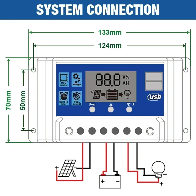 เครื่องควบคุมการชาร์จโซลาร์12V/24V PWM 30A 10A 100A 60A พร้อมหน้าจอ LCD ที่ปรับการตั้งค่าตัวจับเวลาได้