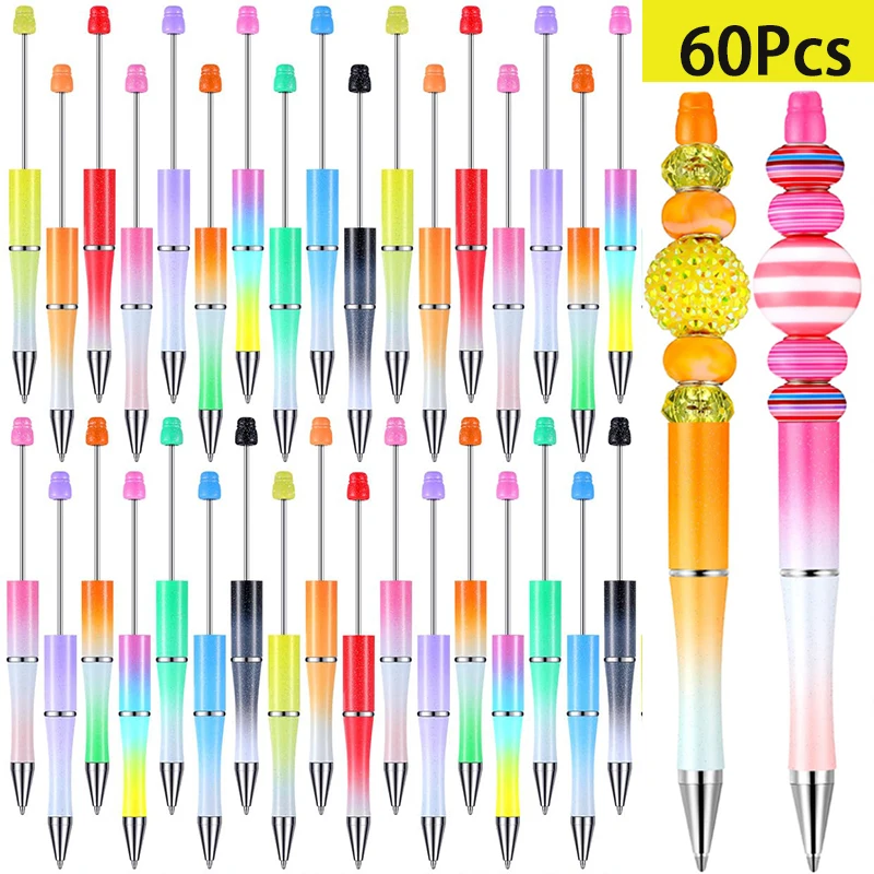 60Pcs Gradient  Plastic Beadable Pens Bead Pens for DIY Making Kit for Pen Beaded Pens for Office School Kids Students Nurse