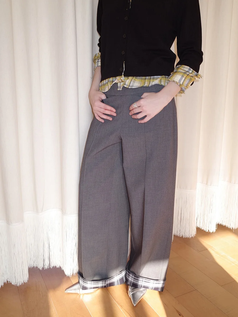 

DKZ ey Casual Pants Women's Loose Vintage Turn-Up Plaid Wide Leg Long Trousers Korean Sle Straight Leg Long Pants