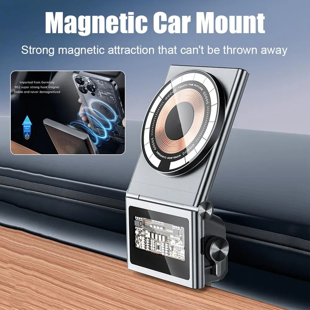 Magnetic Car Phone Holder For Tesla /Y 15W Wireless Charging Stand Adjustable Angle Punk Style Car Navigation Bracket