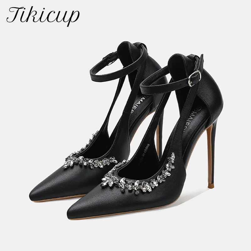 

Sexy Expensive Rhinestones Genuine Leather Wedding Party Shoes Matte Black White 12cm High Heels for Women Stiletto Pumps Dress