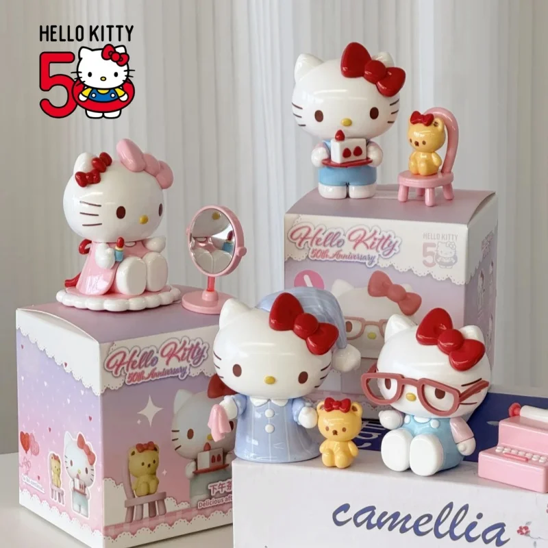 

Original Sanrio Hello Kitty 50th University Daily Life Collection Hello Kitty Ornaments Kawaii Anime Modle Desktop Figure Toys
