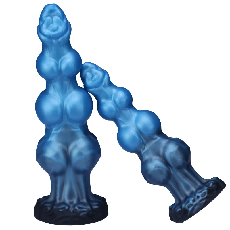 1 Piece Blue Black Gourd Egg Monster Fantasy Dildo - 3 Dog Knots, Wide Cylindrical Anal G-Spot, Large Sucker, Liquid Silicone, A