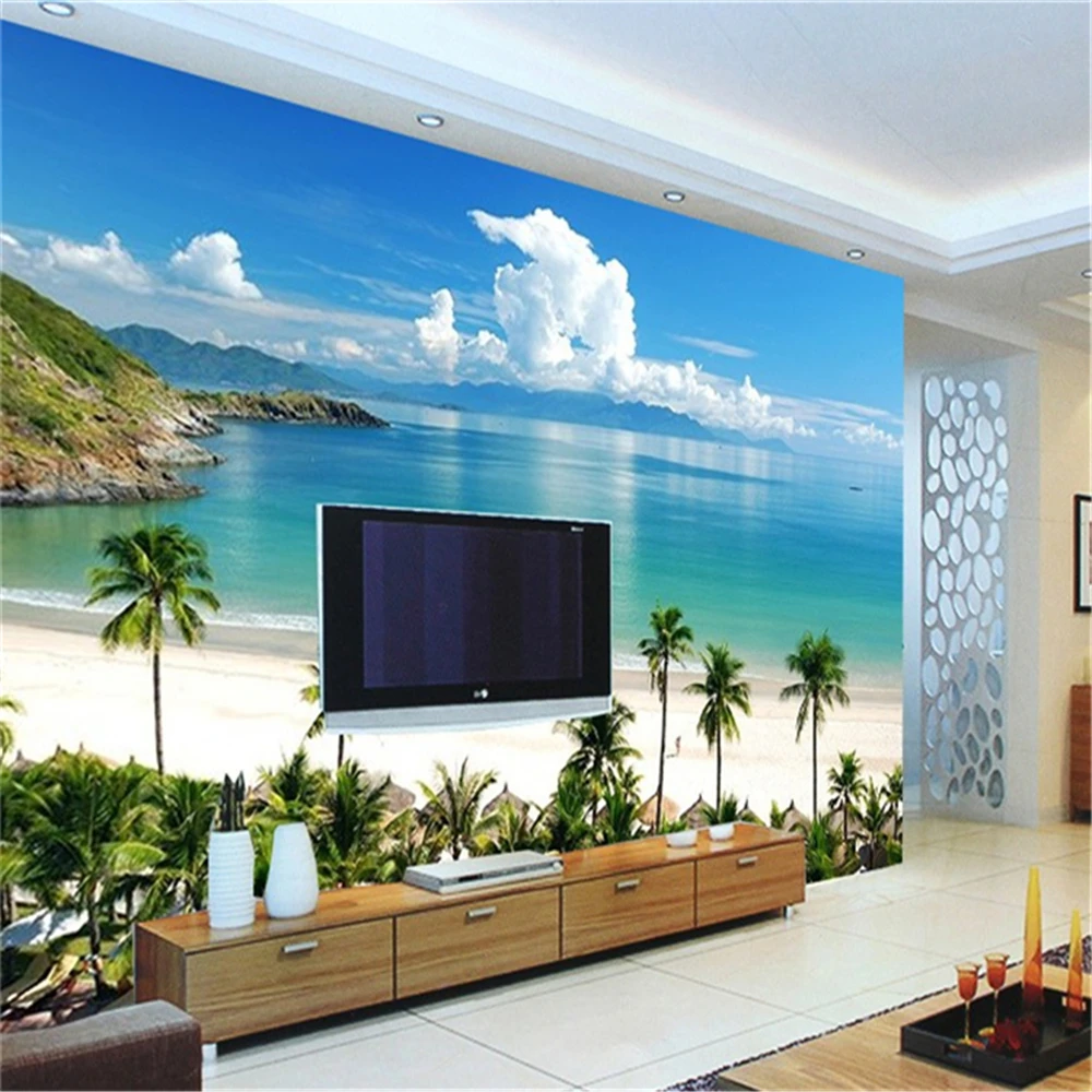 Blue sky seascape scenery TV background wallpaper hotel restaurant living room 3D mural sea beach wallpaper