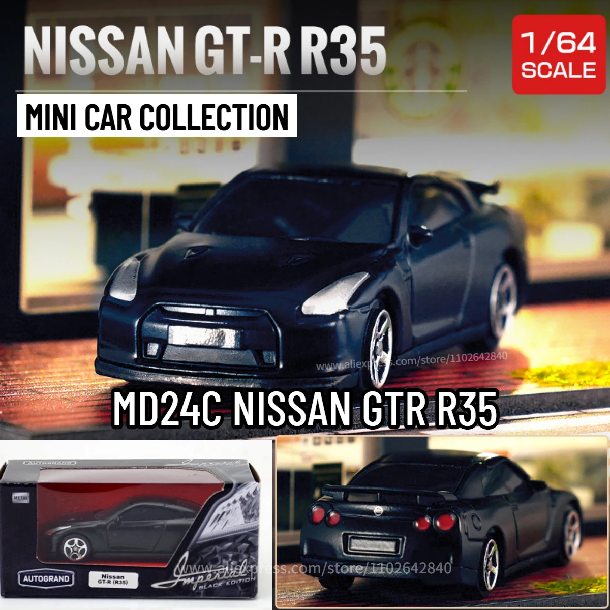 Scale 1/64 Mini Car Model, NISSAN GTR R35 Black Replica Miniature Art Vehicle Metal Diecast Collectible Toy for Kid Boy