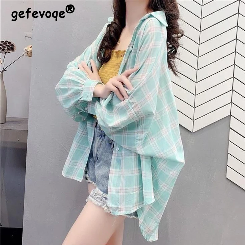 Women\'s Trendy Plaid Print Oversize Sunscreen Cardigan Summer Casual Streetwear Thin Button Shirt Long Sleeve Y2K Irregular Tops