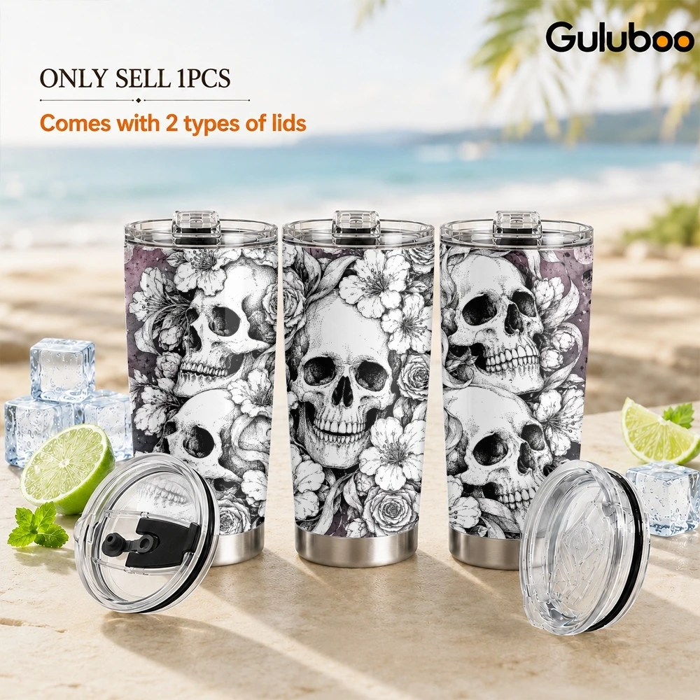 Vintage Skeleton Garden Vacuum Flasks 20oz Stainless Steel Travel Mug with 2 Lids & Reusable Straw Vacuum Insulated Coffee Cup