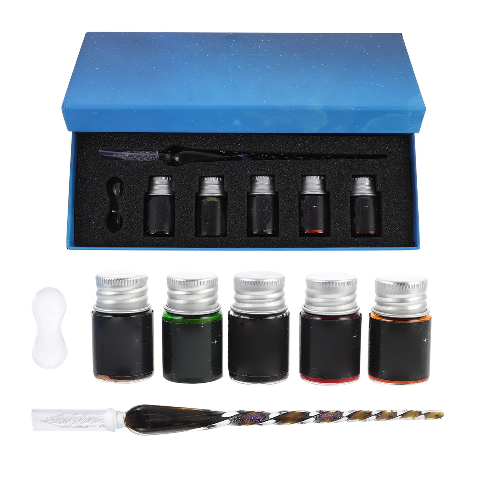 1Set Glass Dipped Pen Set Crystal Signature Vintage Dip Pen Ink Bottles 5 Colors Calligraphy Drawing Writing Art Office School