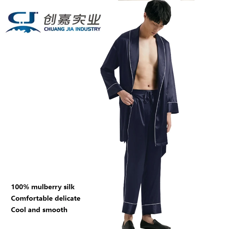 Luxurious Silk Men's Set - long-sleeved Coat and Long Pants in 2-piece Set for Home and Casual Wear. Soft, Delicate and Cool