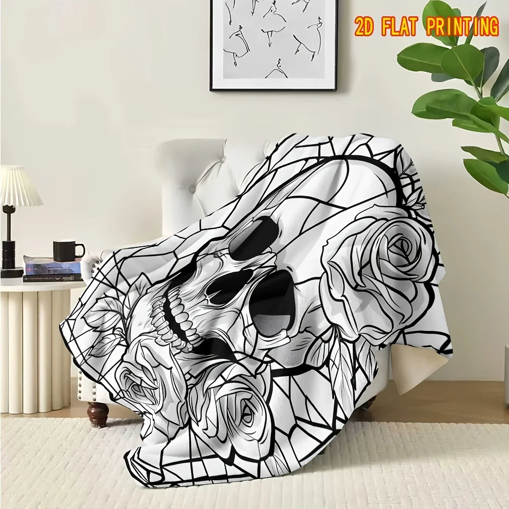 Stained Glass Skull Rose Flannel Blanket Black White Line Art Gothic Print Throw Soft Warm Blanket for Sofa Bedroom Home Room
