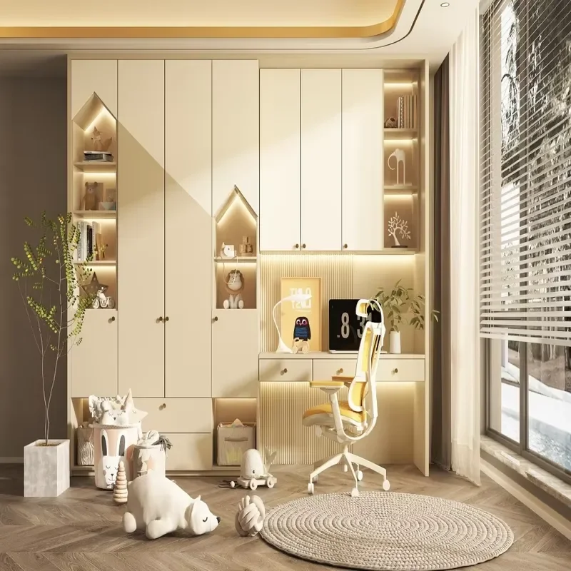 Customized children's bedroom wardrobe with study table, LED light lighting, locker set, suitable for children's room