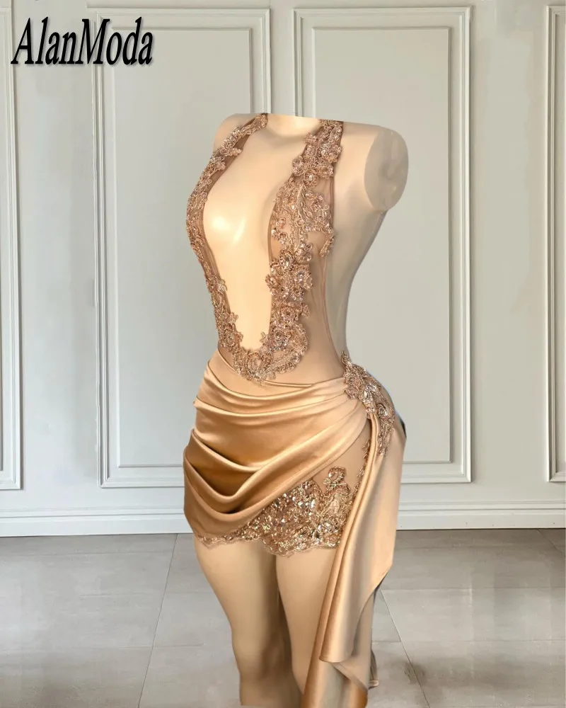 Rose Gold Short Prom Dress For Women 2023 Halter Birthday Dresses For Your Birthday Beading Party Gowns Vestidos De Graduación