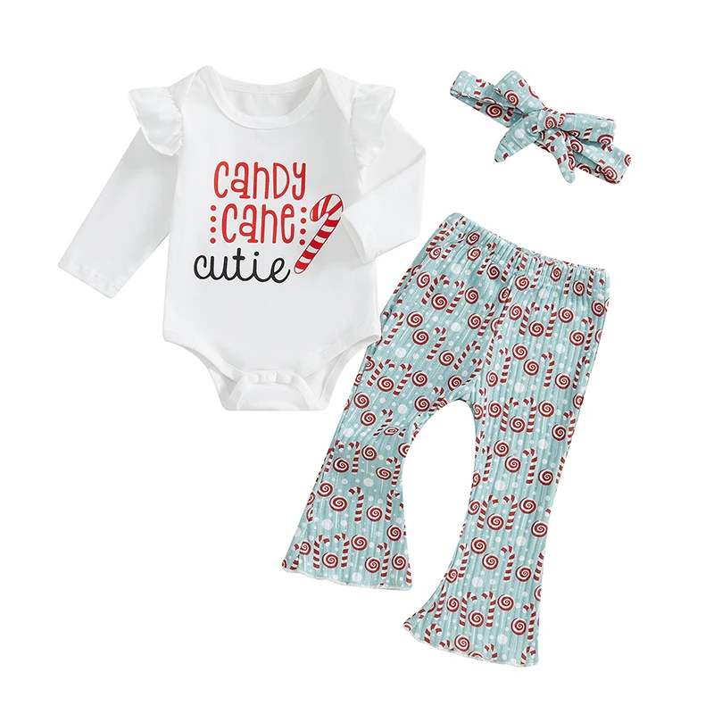 

Baby Girls Christmas Outfits Long Sleeve Candy Cane Print Romper with Pants Headband Set Newborn Clothes