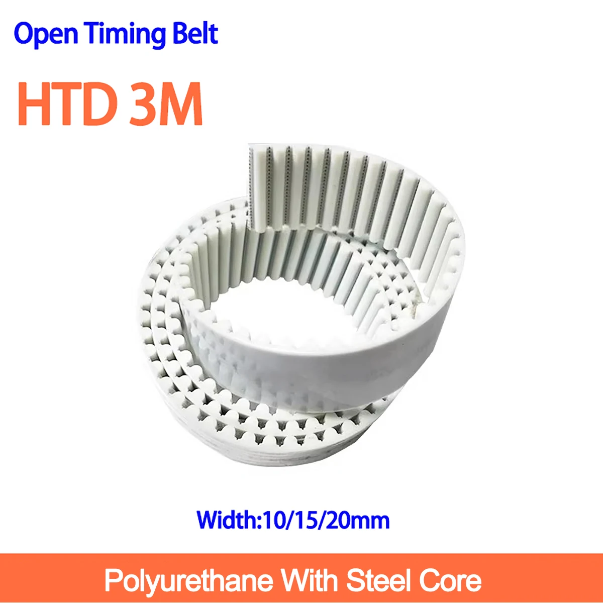 1Meter HTD 3M Open Timing Belt Width 10/15/20mm White PU Polyurethane with Steel Wire HTD3M Synchronous Belt Laser CNC