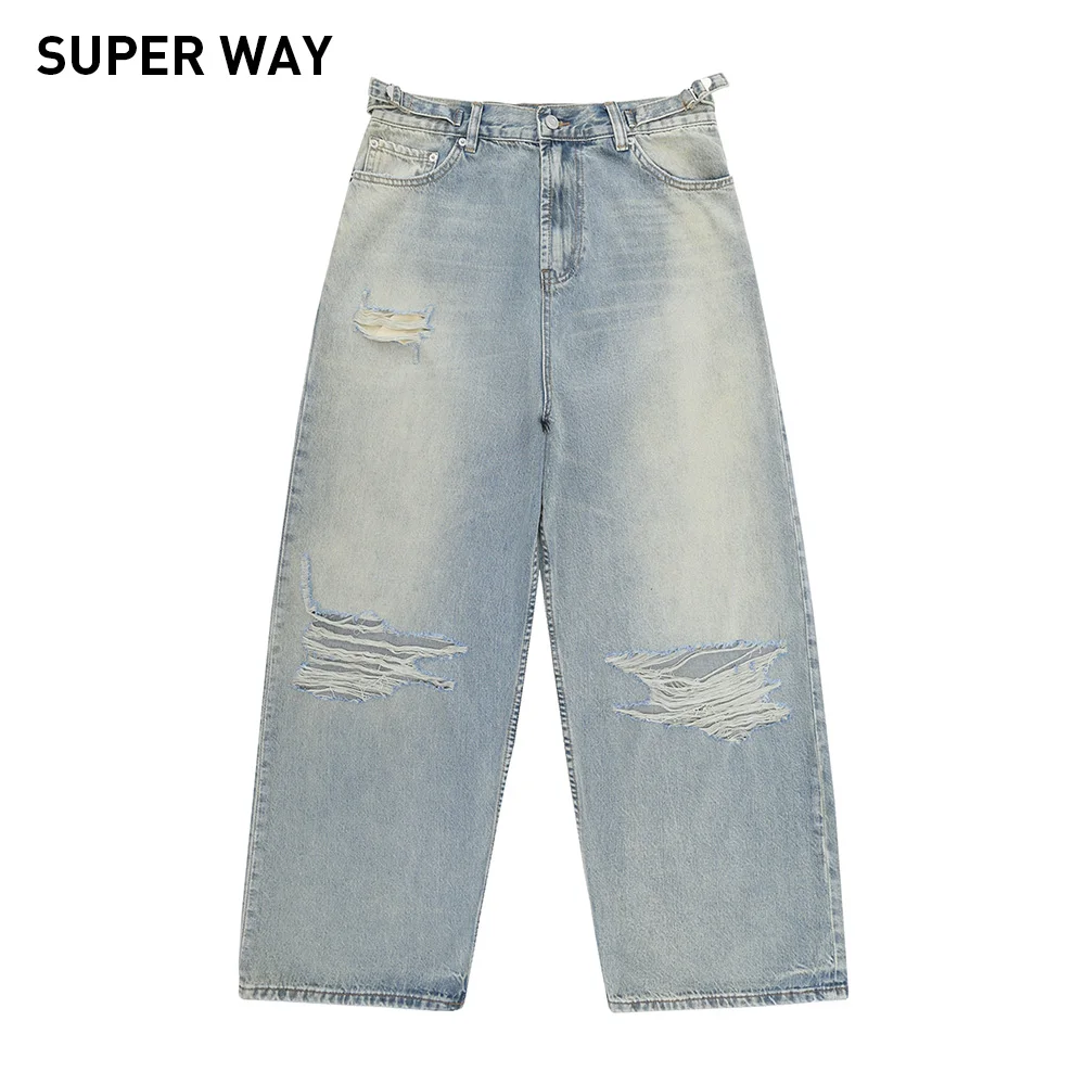 Superway Design Original rétro lavé unisexe jean décontracté déchiré ample hommes pantalon haute rue Vintage américain surdimensionné jean