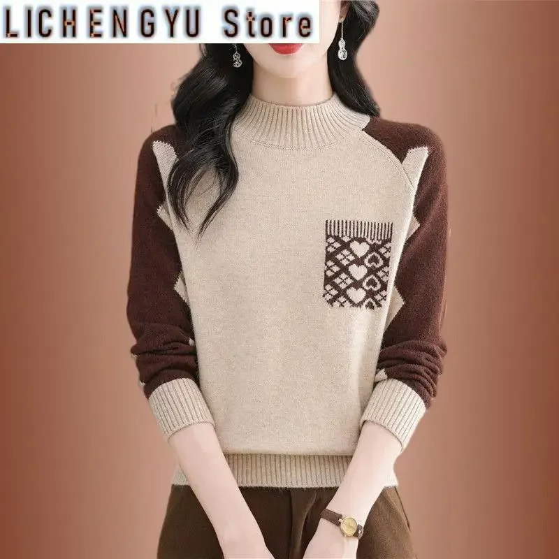 الملابس النسائية بلوفر ملون متباين كم طويل سترة محبوكة جيوب عادية موضة الخريف الشتاء نصف الياقة العالية القمم