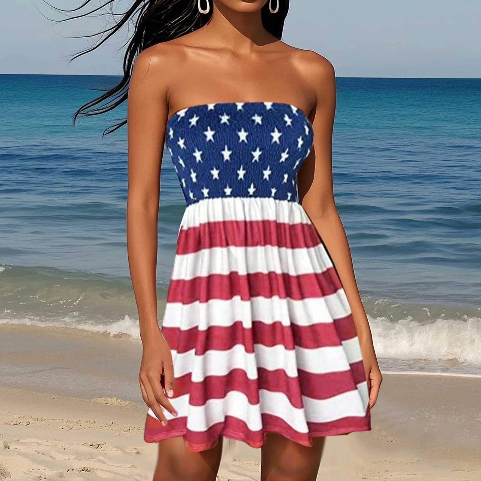 미국 독립 기념일 인쇄 미니 드레스 여성 여름 해변 캐주얼 Strapless Boho Sheath Dresses 여성 여름 Vestidos