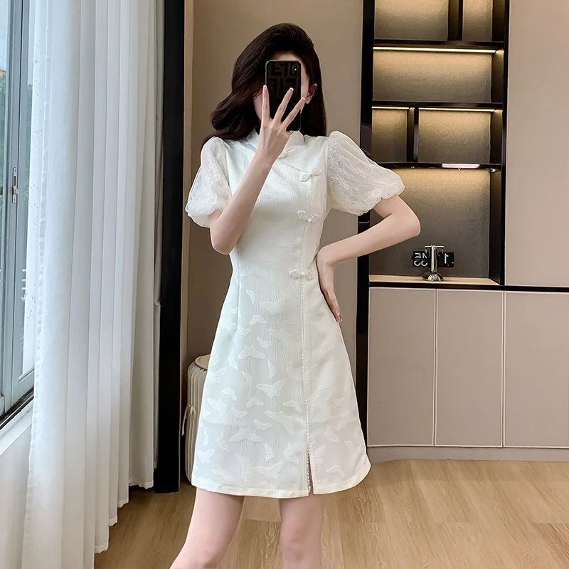 

Traditional Chinese Cheongsam Women's New Style Summer Short Sleeve Slim Black and White Dress Qipao