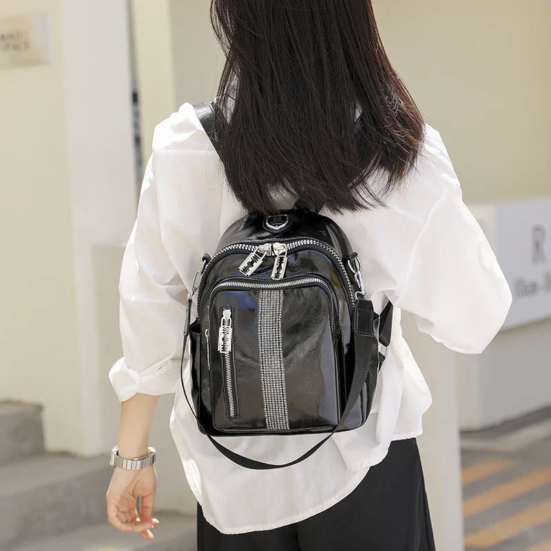 High Quality Soft Leather Women Backpack Silver Diamonds Ladies School Bag Personality Zipper Design Girls One Shoulder Backpack