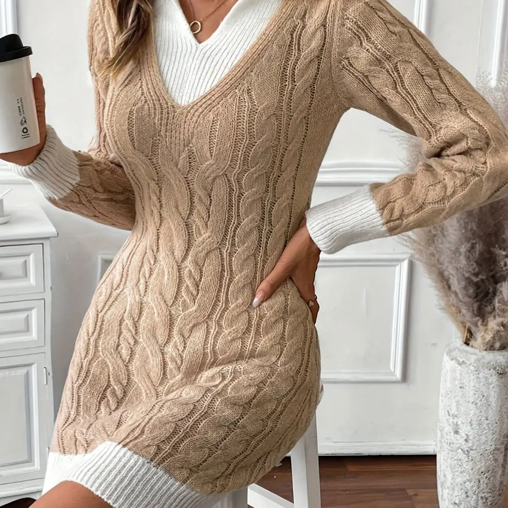 カジュアルなミディアム丈のAラインドレス、ストレートスリーブ、ラウンドネックデザイン、ボディフィットスタイル、レディースファッション衣料