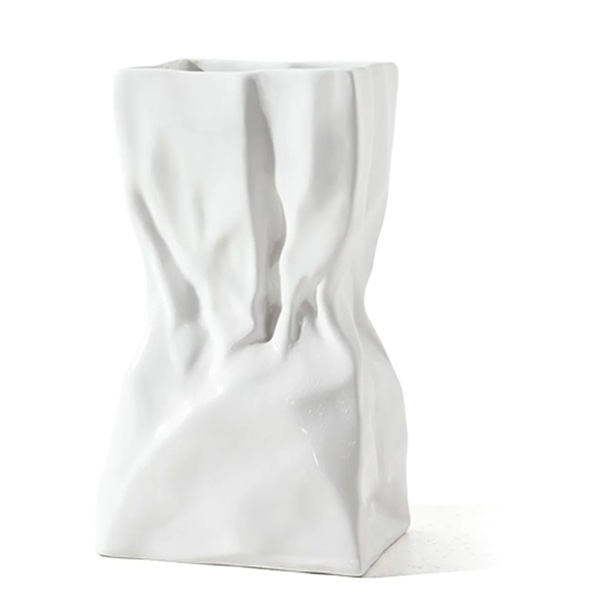 White Pleated Ceramic Floral Vase, Unique Square Wide Mouth Paper Bag Flower Vases, Vase for Home Room Table