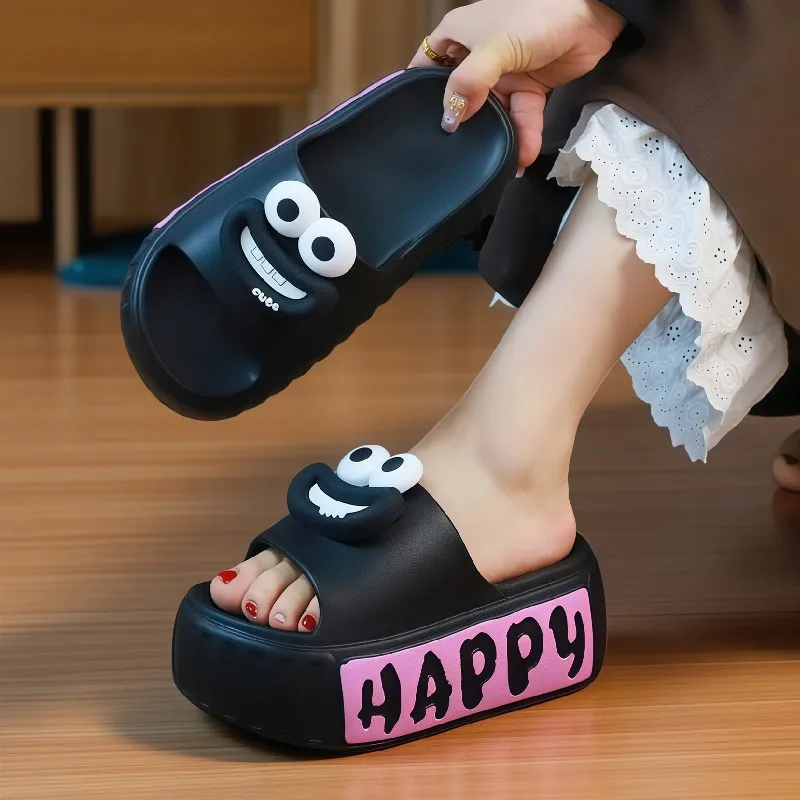 

New Funny Cartoon Big Eyes Chunky Slippers Women Summer EVA Platform Slides Woman Home Outdoor Open Toe Korean High Heel Slipper