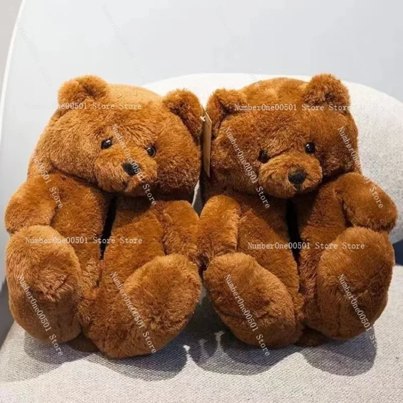 2024 cartoon bear cotton shoes warm cute teddy bear slippers oversized outer wear home shoes winter plush indoor