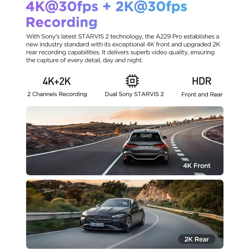 A229 Pro كاميرا داش HDR 4K ، 2 قناة مع HDR ، ستارفيس مزدوج ، 2 IMX678 ، IMX675 ، كاميرا سيارة أمامية وخلفية