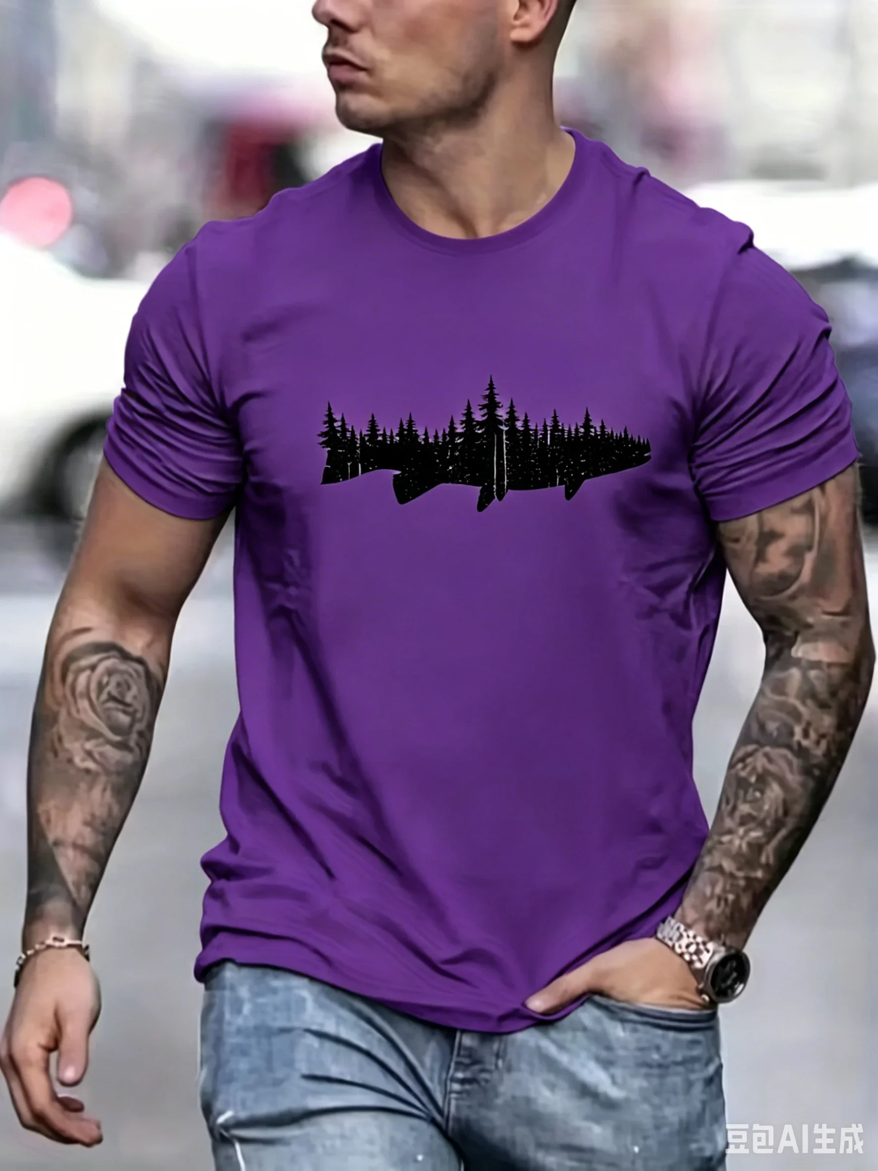 Men's Fish Forest Silhouette Print T-Shirt Outdoor Nature Graphic Top Casual Crew Neck Short Sleeve Summer Fishing Lover T-shirt