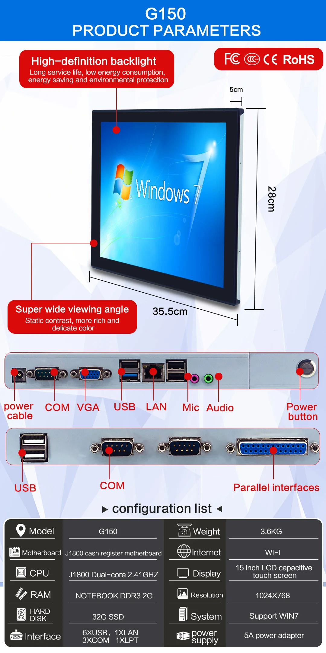 Terminal Tampilan Pos Sentuh Terpasang di Dinding Komersial Sistem Pos Toko Ritel 15 Layar Sentuh PC