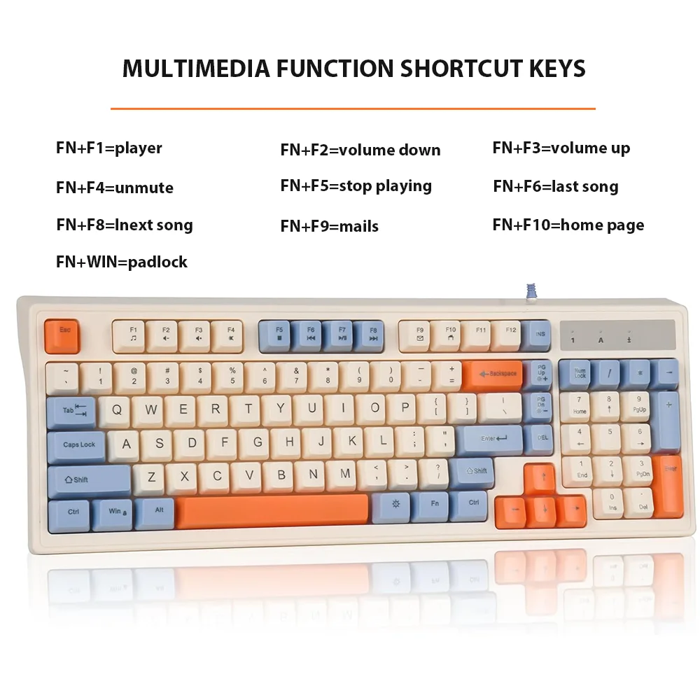 Imagem -05 - Teclado Mecânico com 98 Chaves Prendido Usb Silencioso Cores para o Computador Portátil Volume Ajustável