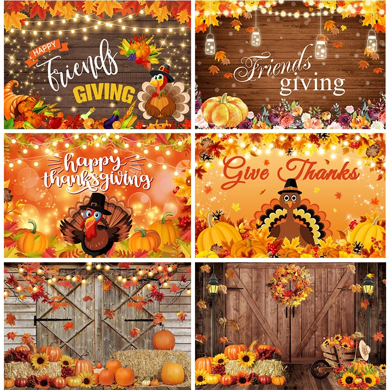 

Fall Thanksgiving Backdrop Autumn Pumpkin Harvest Barn Wood Door Photography Background Home Party Turkey Banner Photocall Props