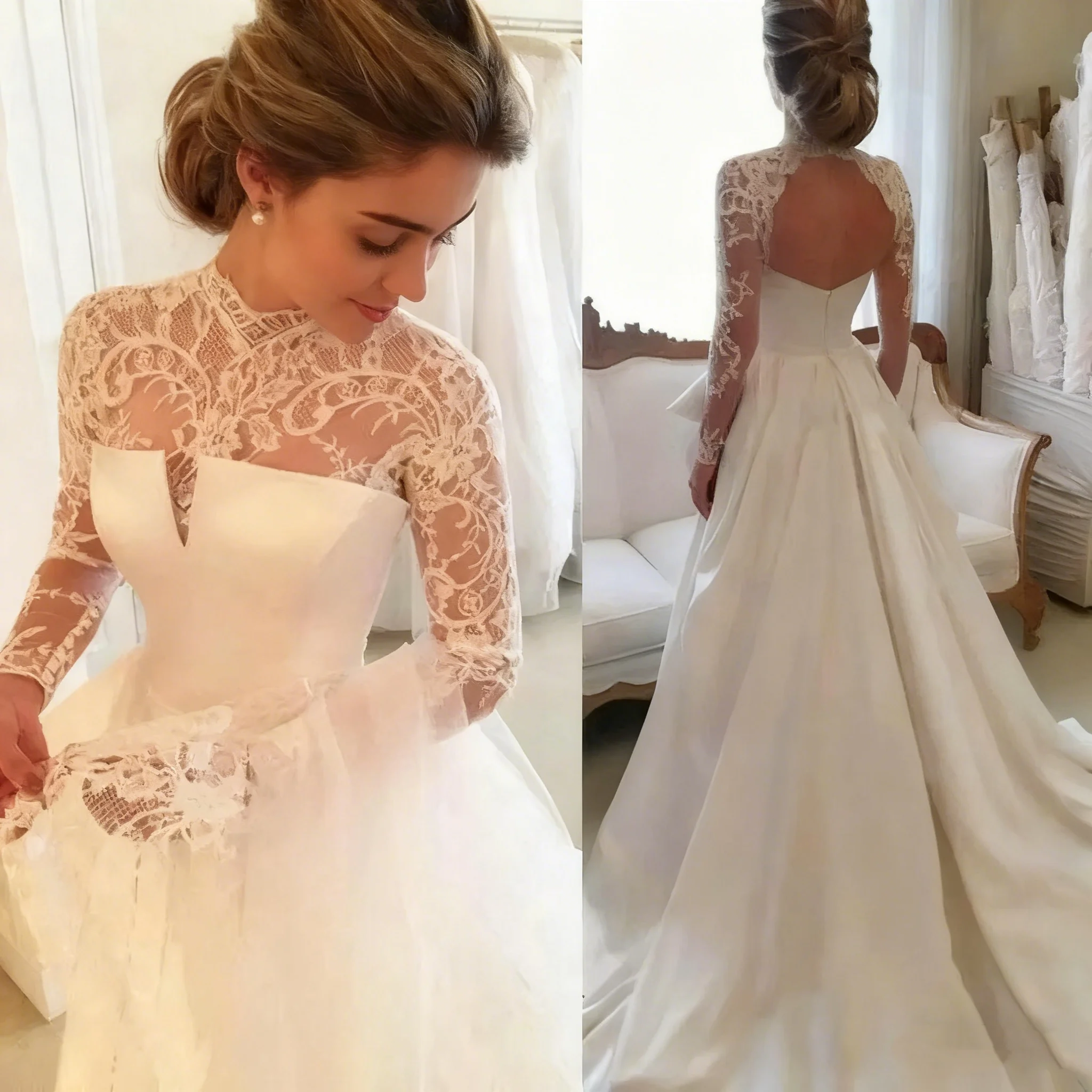 Customized 2026 Long Sleeves Wedding Dresses Sweep Train Lace Satin Open Back Elegant Bridal Gowns Plus Size Vestido De Novia