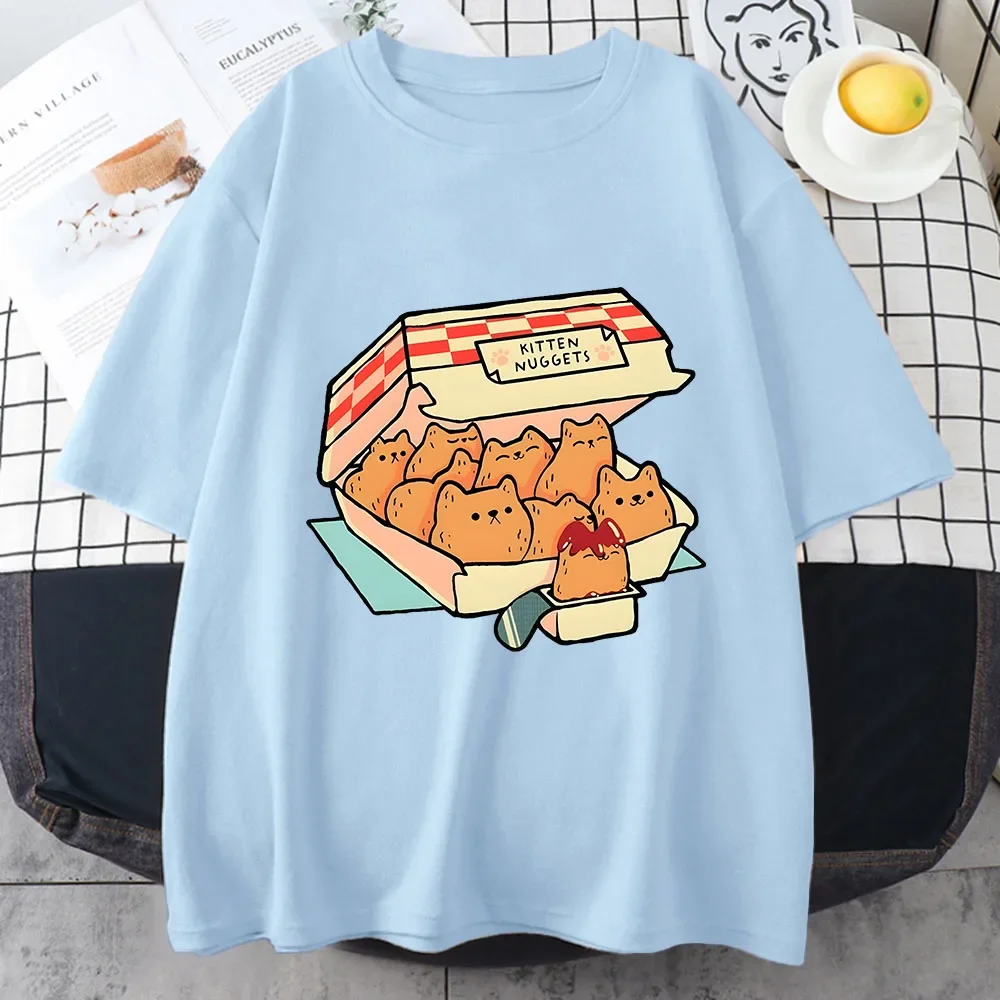 Kitten Nuggets Happy T Shirts WOMEN Kawaii/cute High Street Tshirts 100% Cotton T-shirts Cat Biscuits Dipping Sauce Short Sleeve