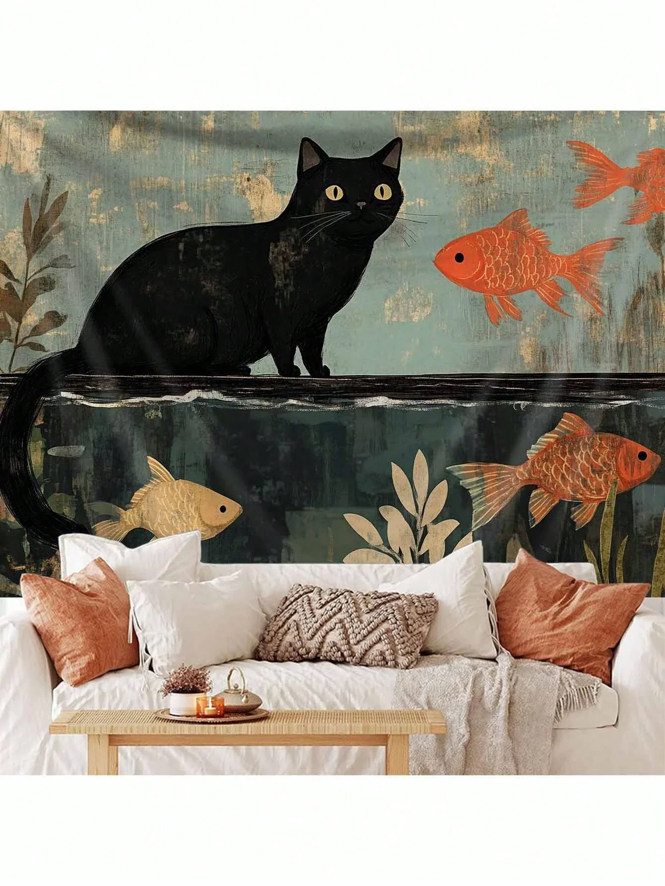 Black Cat Tapestry Polyester Goldfish Accent Retro Themed Artwork Wall Decor For Living Space Playful Attractive