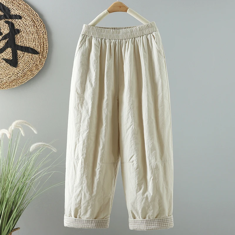 سراويل قطنية كاجوال أنيقة للنساء شتوية من Thiened Fce لون نقي هارلان فضفاضة مستقيمة الساق