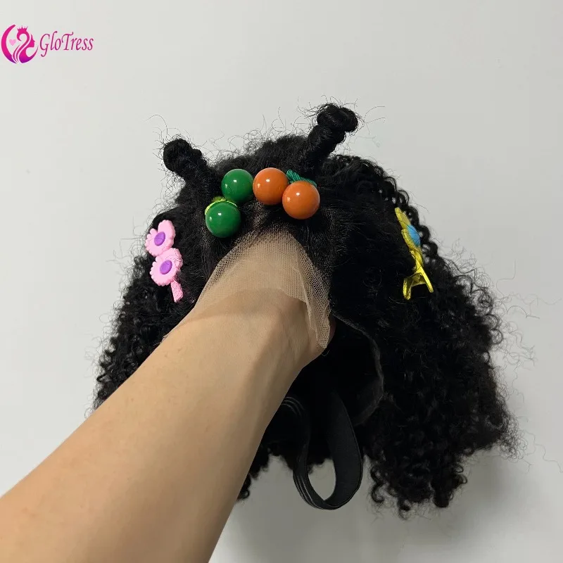 

Premium Kinky Curly Human Hair 4x4 Lace Glueless Wigs for Girls Children Natural Black 200% Density 8inches Remy Hair Bob Wigs