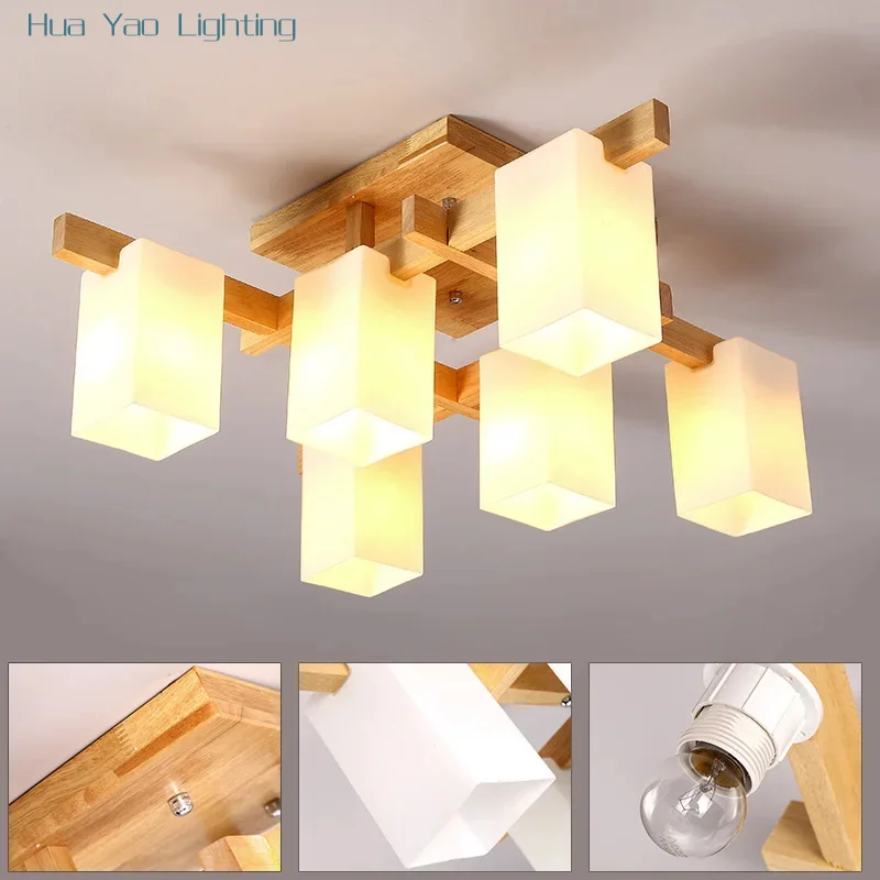 Nordic minimalist creative led wood style living room ceiling lamp personality Japanese home restaurant glass ceiling lamp