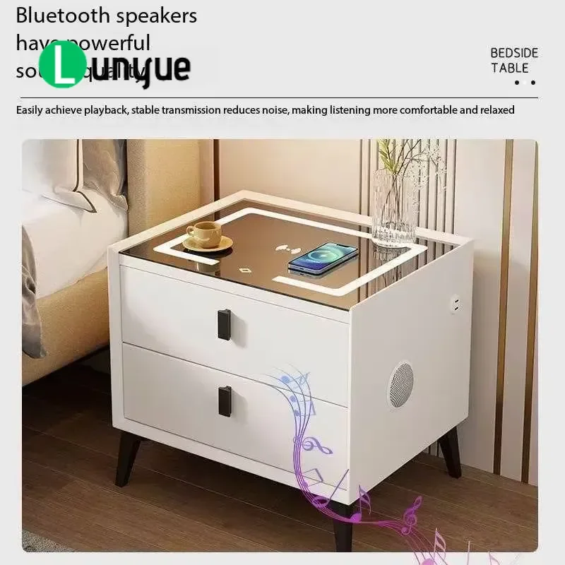 Modern 2 Drawer Smart Bedside Table with Fingerprint Lock Wireless Charging LED Light Bluetooth Speaker for Bedroom Furniture
