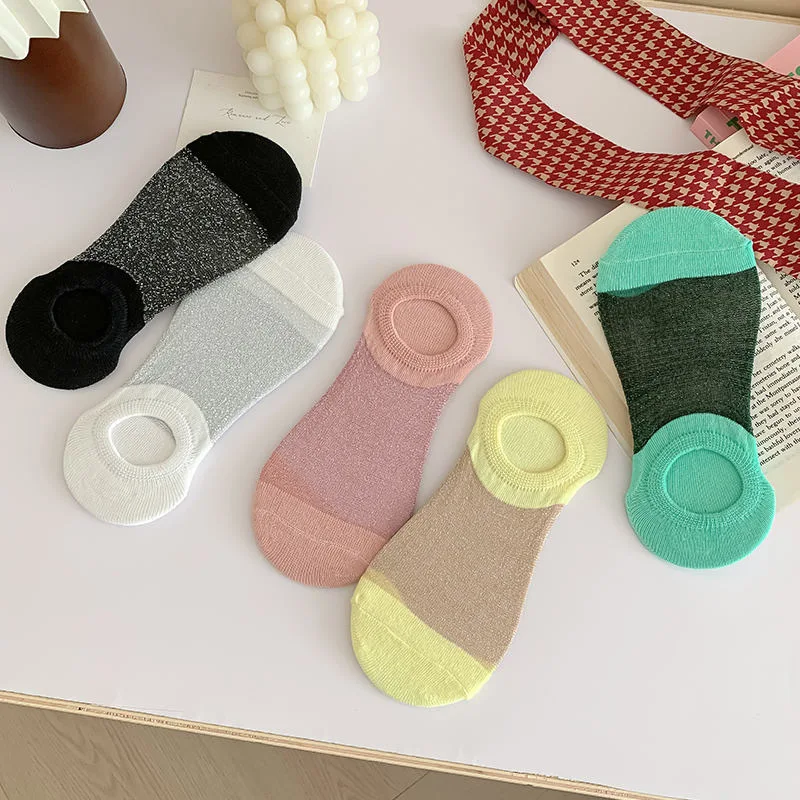 5 أزواج من الجوارب القصيرة الصيفية العشوائية الجديدة، فم ضحل للنساء، لا تسقط، كعب منخفض للنساء، حرير ثلجي رفيع للغاية غير مرئي