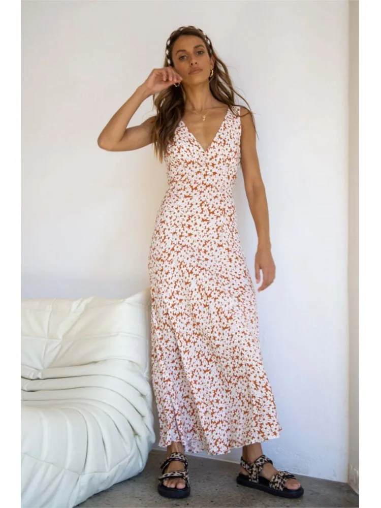 Verão feminino boho vestidos sem mangas tanque com decote em v floral impressão sem costas vestido longo feminino elegante praia férias senhoras vestido