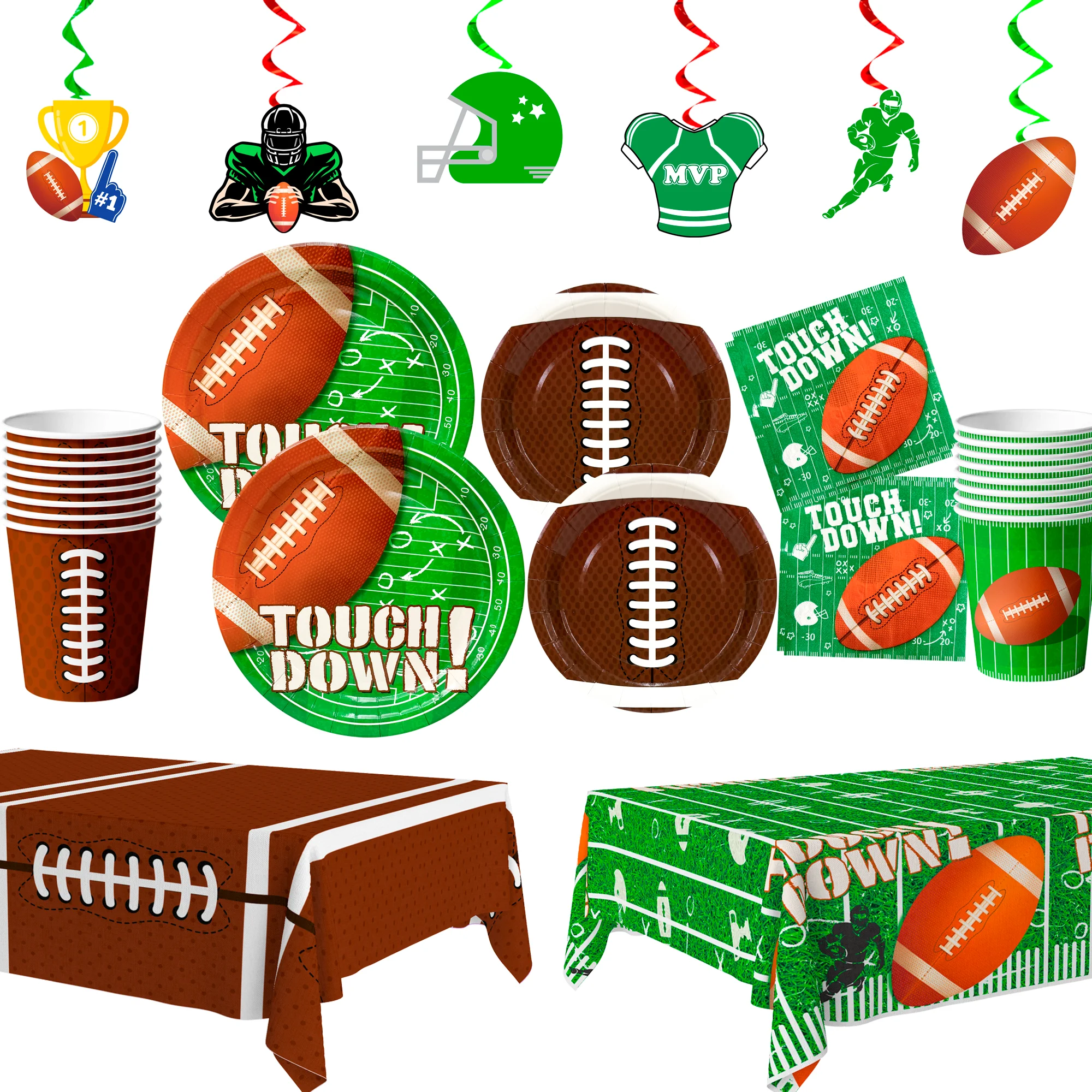 

Football Party Supplies Tableware, 104pcs Party Tableware Set-Football Plates and Napkins Cup Tablecloth&Swirls etc