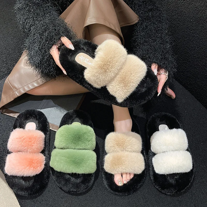 

Fashionable Plush Slippers Women's Outdoor Wear 2023 Autumn Winter New Korean Version Thick Bottom Color Block Home Slippers