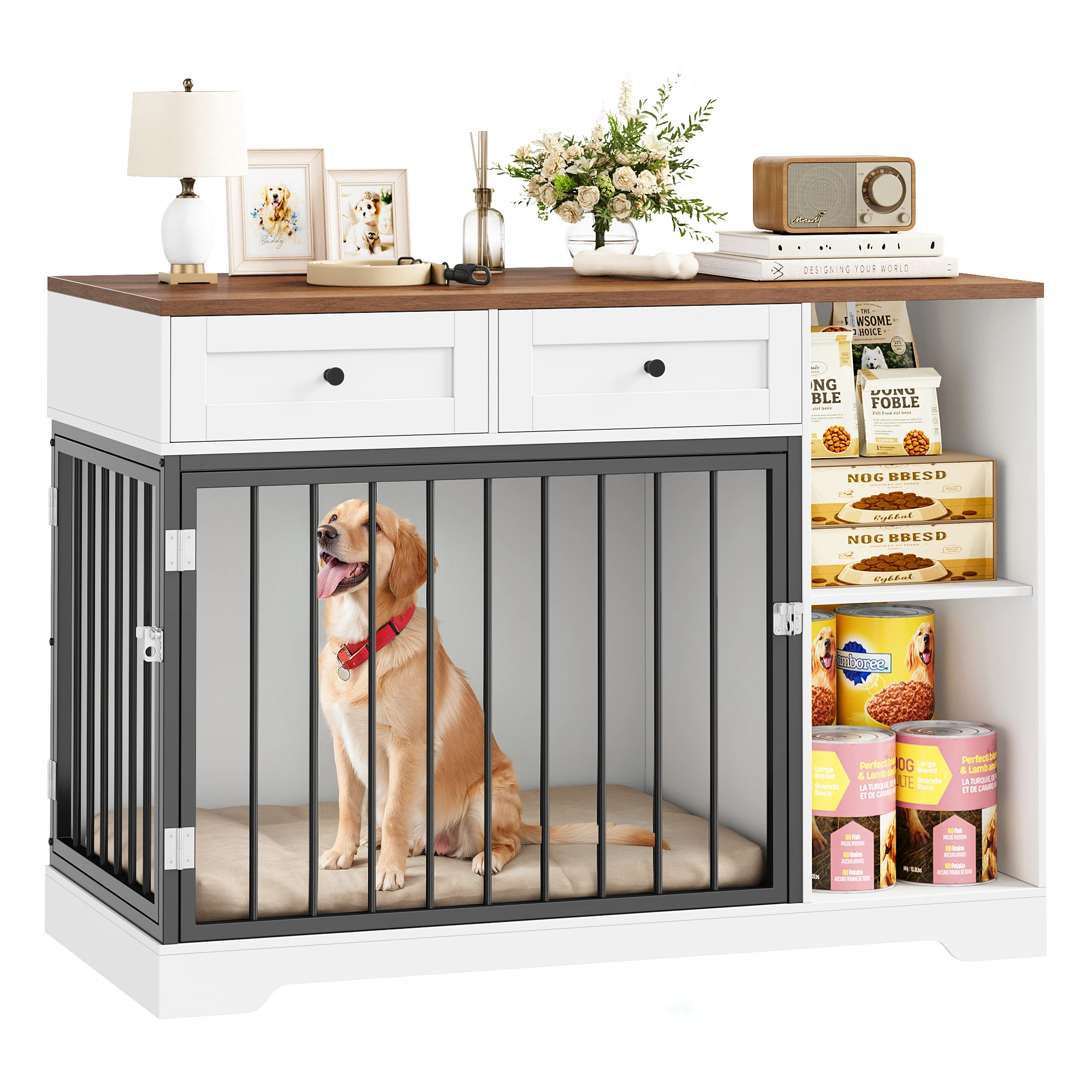 Getone Hondenkrat Meubilair, Houten Hondenkrat 120 cm, Hondenhok Binnen, Hondenkooi XXL 2-wegdeur 2 lades 2 compartimenten Dressoirkast Wit+Bruin 120x87x60cm