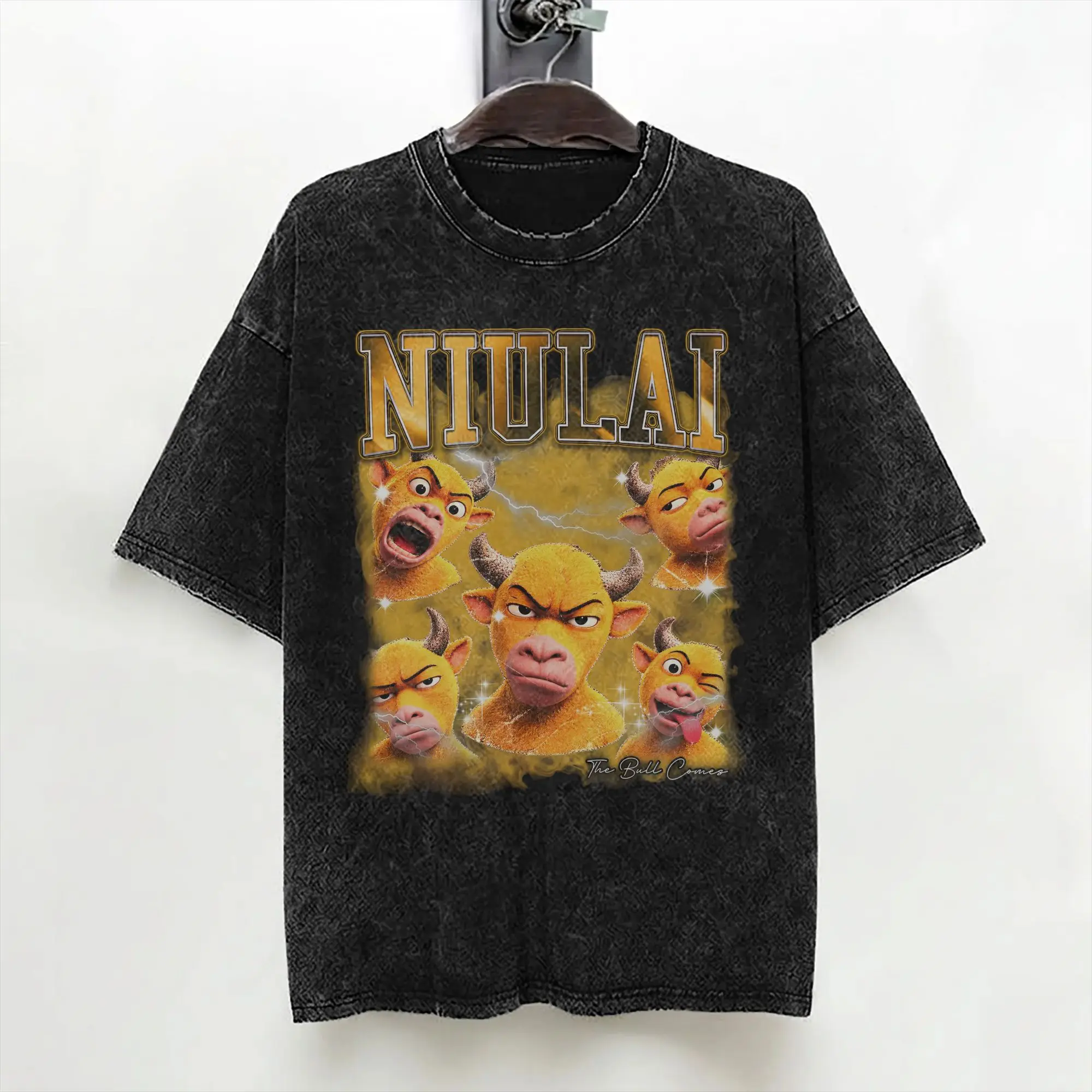 Niu Lai Funny Bull Meme T Shirts Washed Short Sleeve Oversize T-Shirts  Vintage Men Women Streetwear Summer Tee Shirt