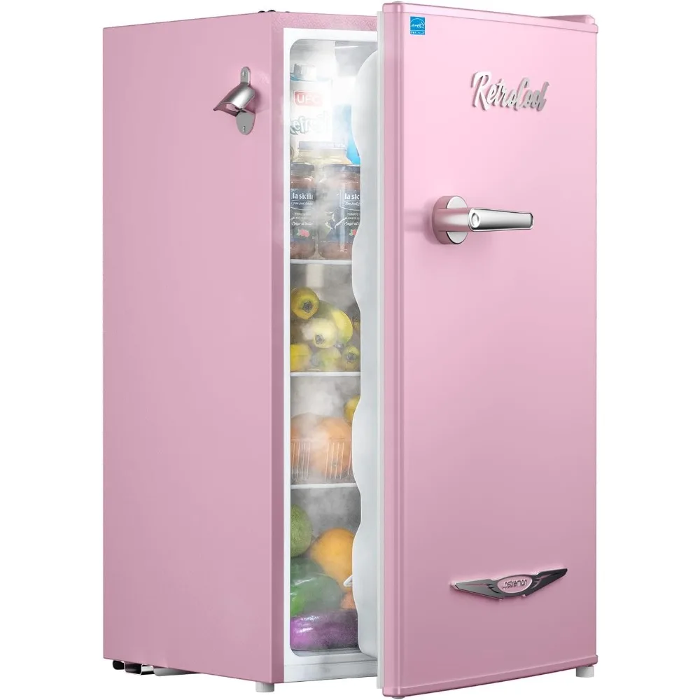 3,2 Cu.Ft Retro-Minikühlschrank mit Flaschenöffner, energiesparend, verstellbarer Thermostat, Metallgriff, LED-Lampe, Mini-Kühlschrank