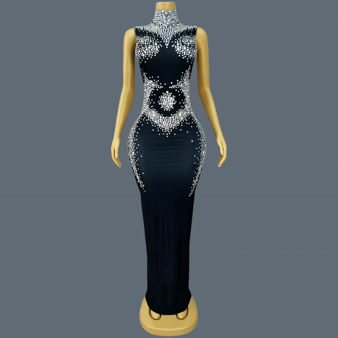 Tight Fitting Sparkly Balck Long Dress Women Sexy Spandex Evening Gown Birthday Celebrate Party Crystals Elegant Outfit Yixiang